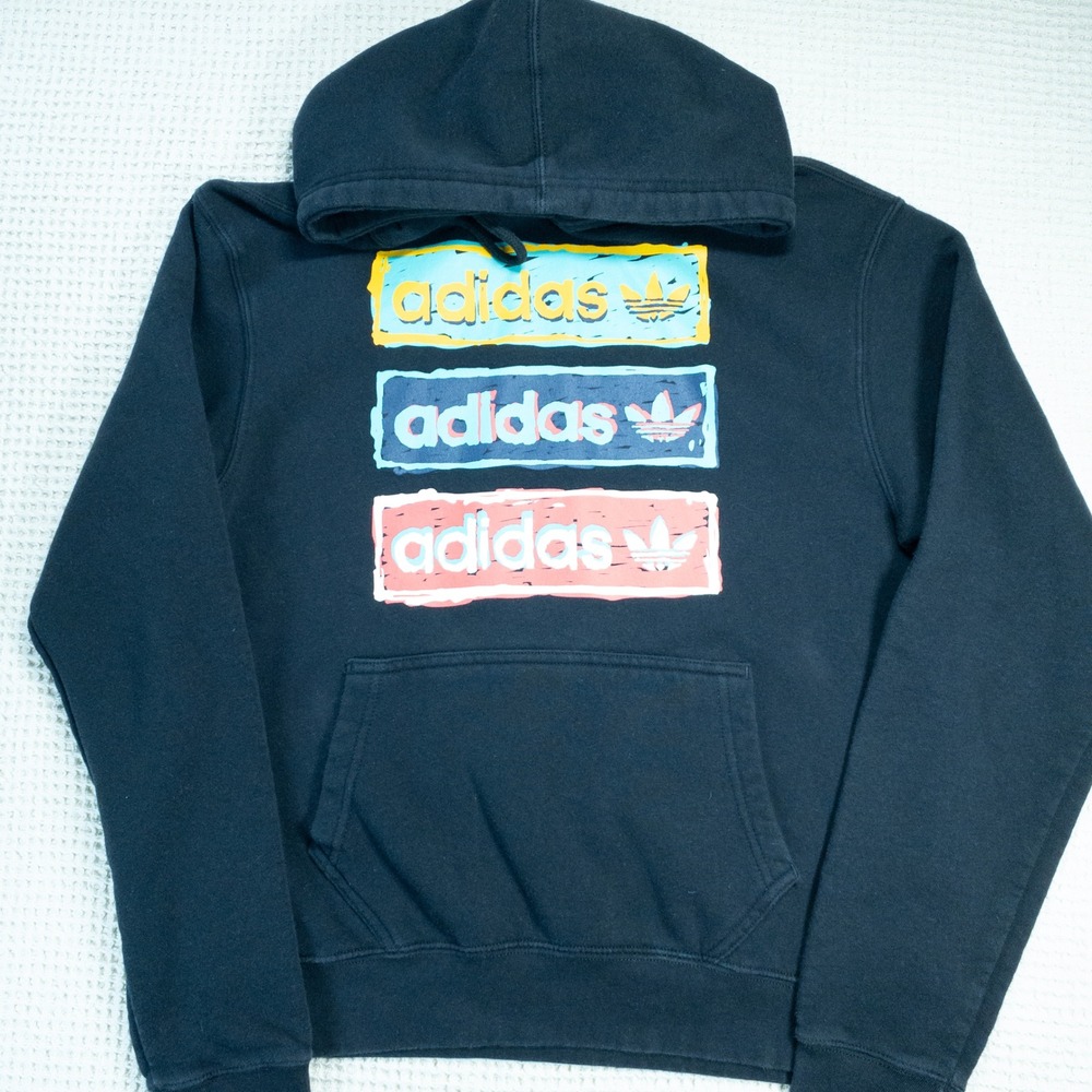 Adidas Originals Mens Small Black Triple Trefoil Graphic Pullover Hoodie